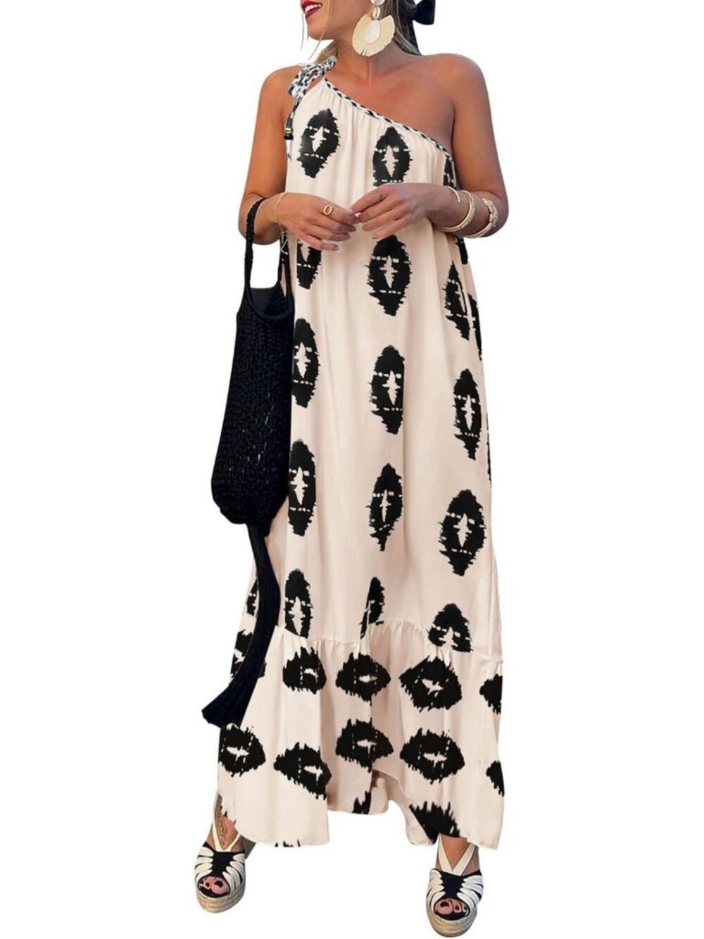 Boho One Shoulder Maxi Dress - Flowy Printed Sundress for Summer Beach Vacation